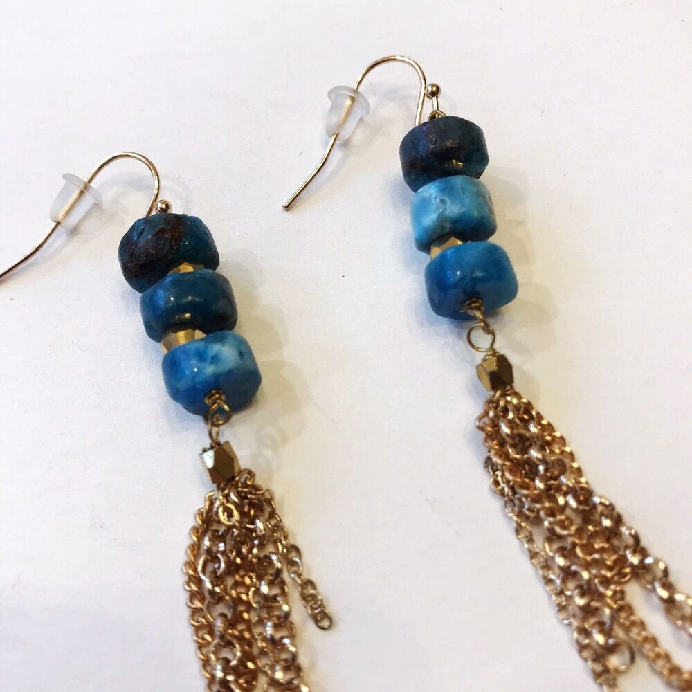 Mia + Tess Teal Turquoise Beaded Gold-tone Fashion Tassel Dangle Drop Earrings - Picture 3 of 4